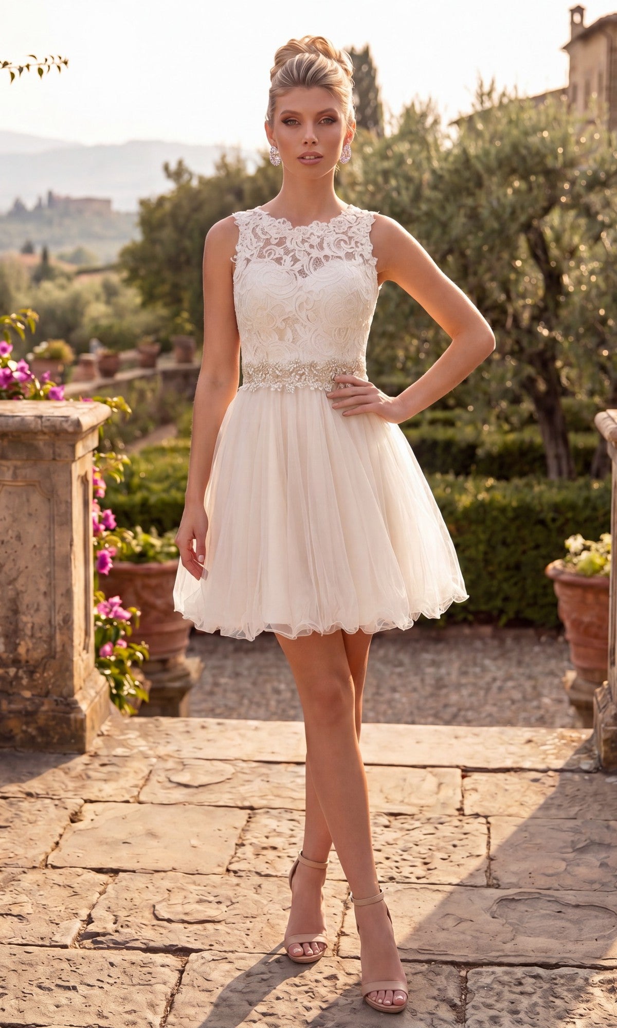 Outdoors in a garden setting, a woman wears the Short Homecoming Dress: Chicas C9350 in off white, featuring a sleeveless illusion lace bodice and an elegant A-line tulle skirt, paired with nude heels.
